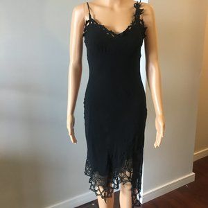 BCBGMaxAzria Silk Floral Lace-Trim Black Dress 0